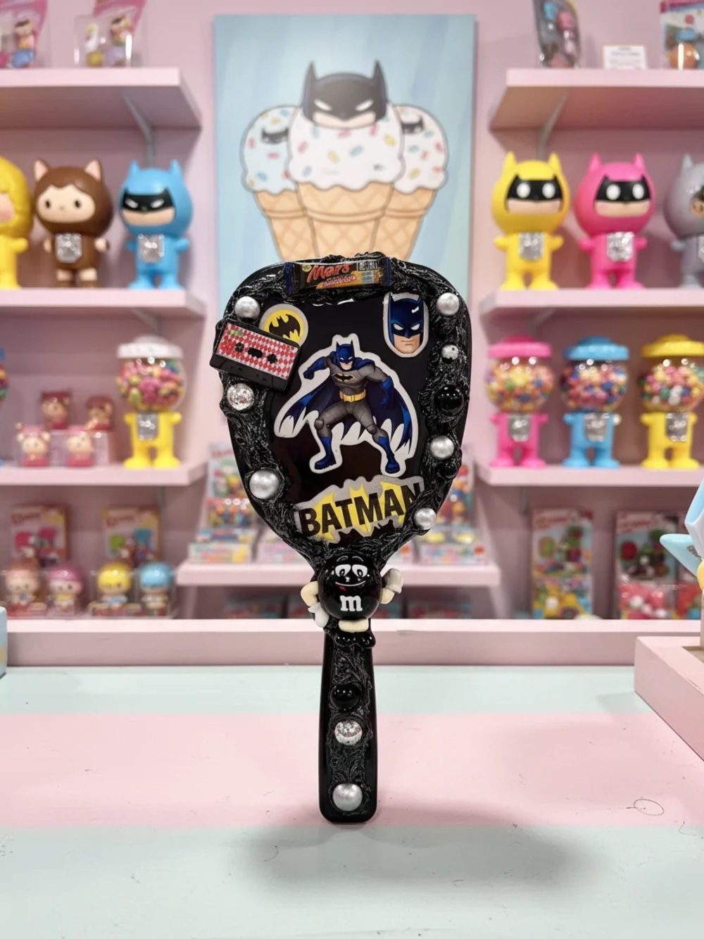 Hand Crafted Black Batman Themed Handheld Mirror